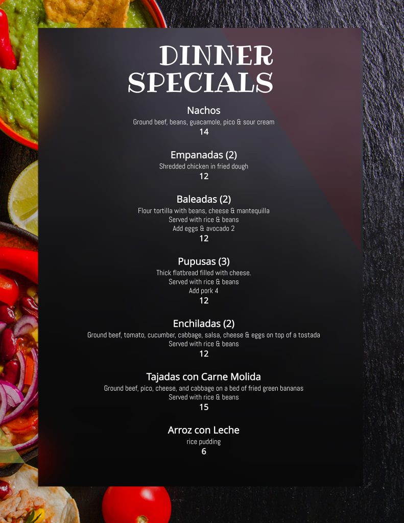 Speical Menu for Honduran Night